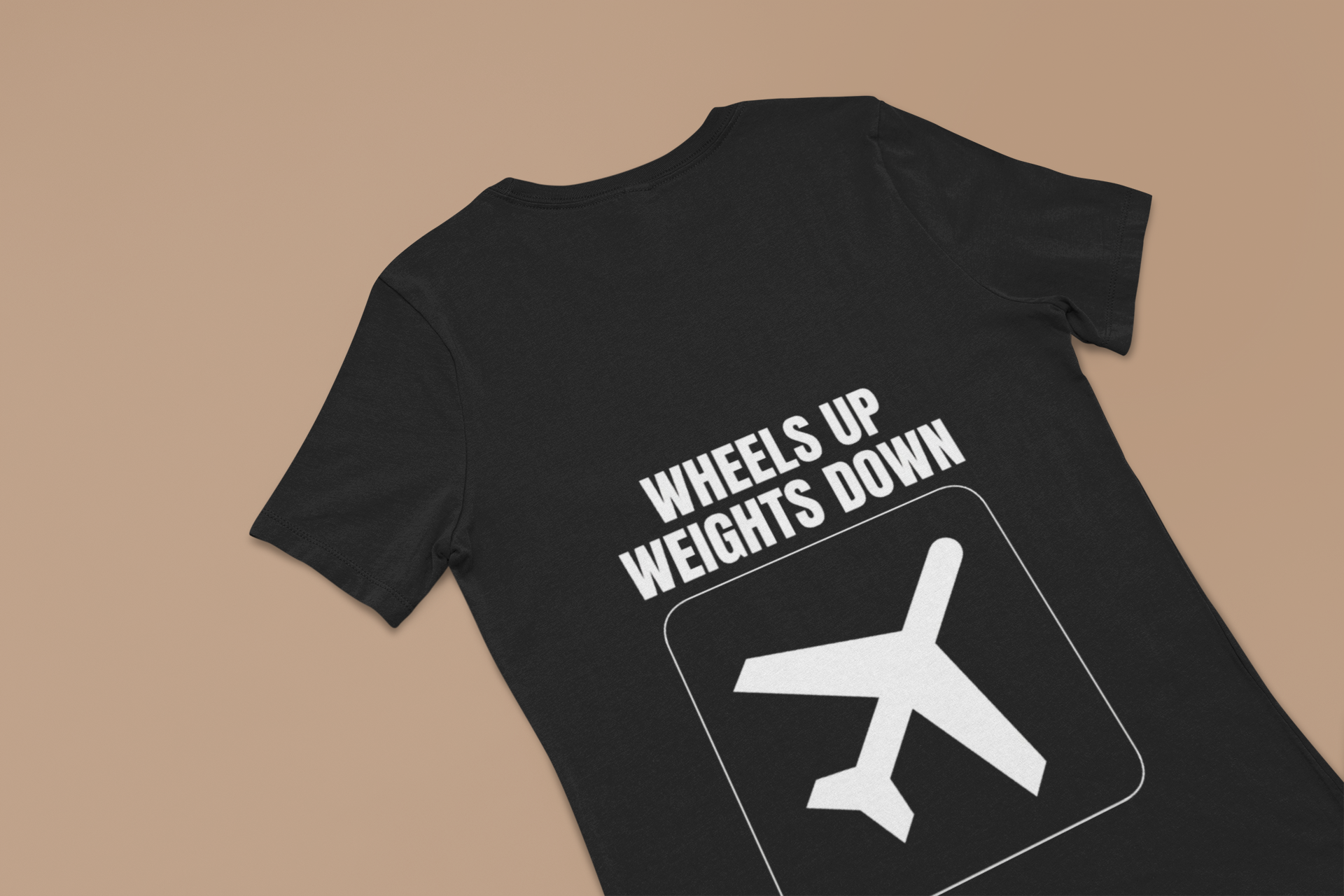 Black Wheels Up Weights Down unisex travel gym t-shirt flat-lay, Bella Canvas 3001 designed by pilots for the hotel gym
