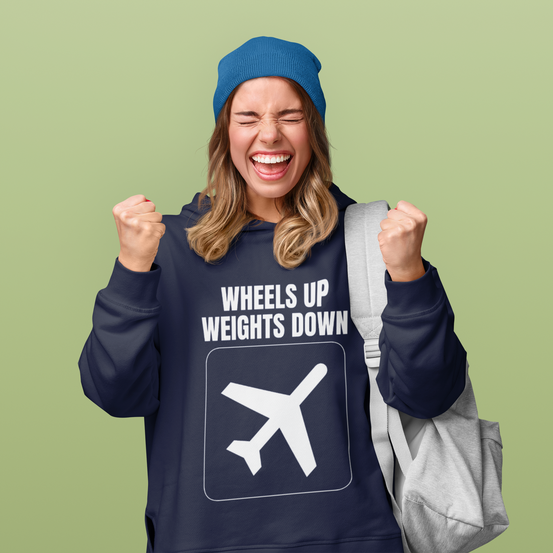 Wheels Up Weights Down travel workout hoodie — Navy flat-lay by Dumbbells & Hotels