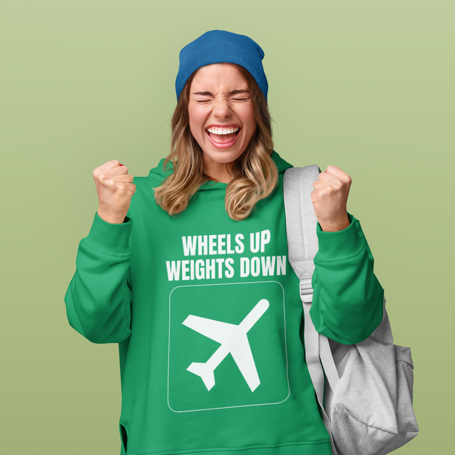 Wheels Up Weights Down travel workout hoodie — Irish Green flat-lay by Dumbbells & Hotels