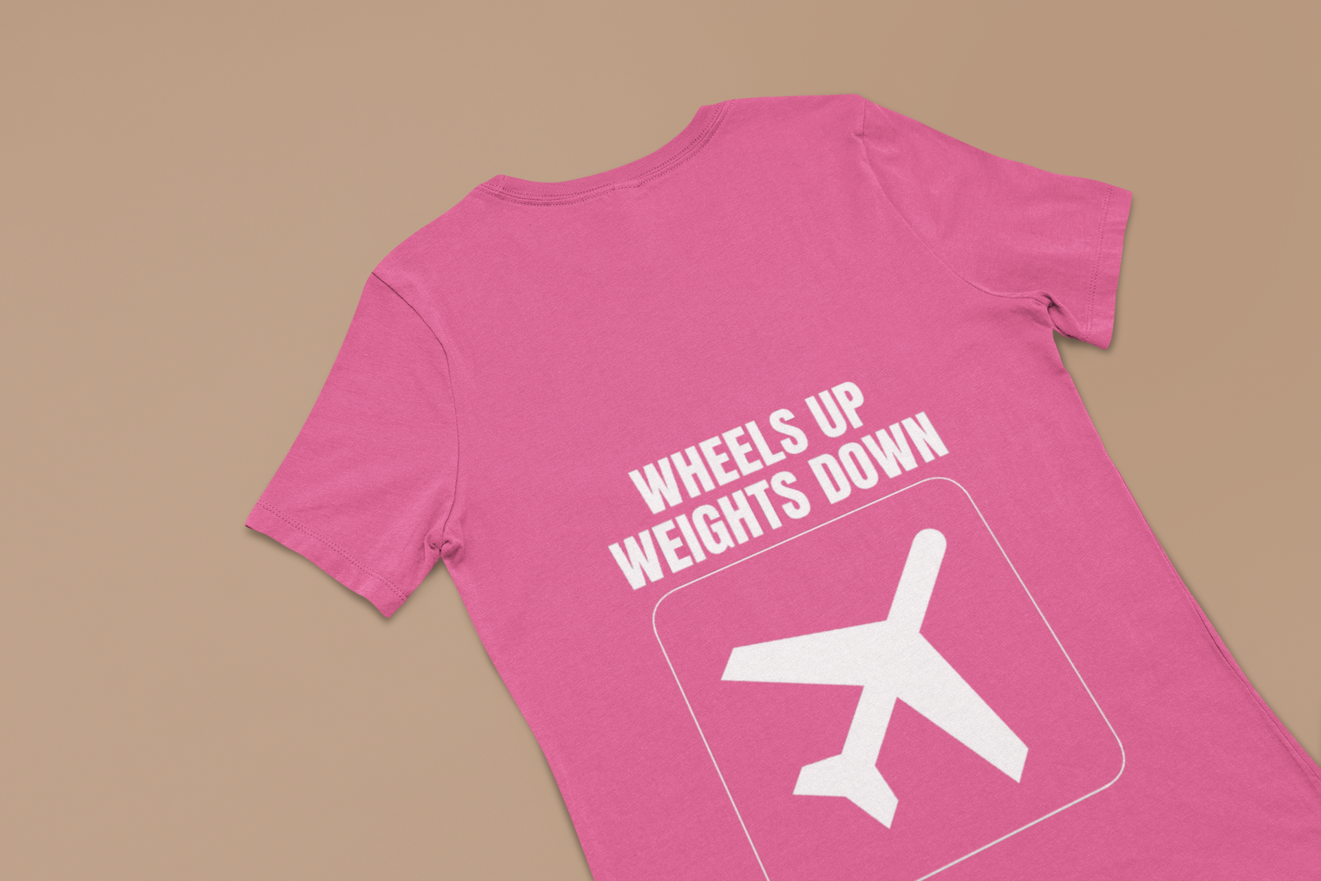 Azalea pink Wheels Up Weights Down unisex travel gym t-shirt flat-lay, layover-ready fitness apparel designed by pilots