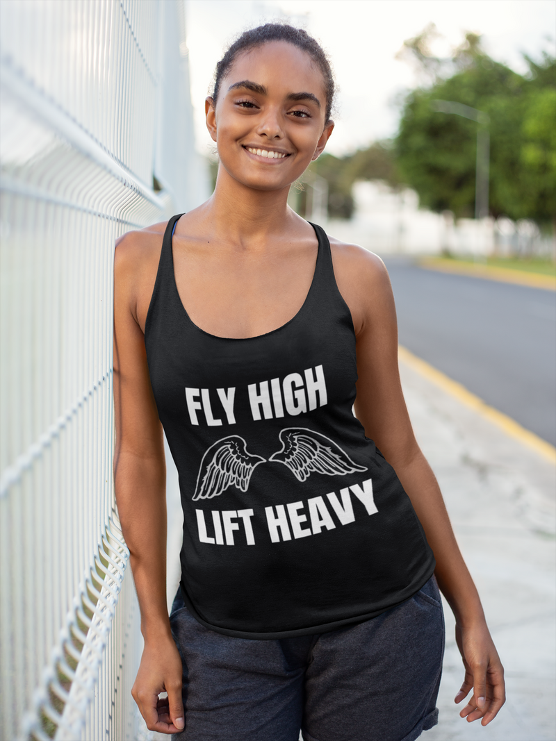 The Layover Racerback Tank Fly High Edition in Vintage Black | Women's Travel Fitness Tank Top | Dumbbells & Hotels