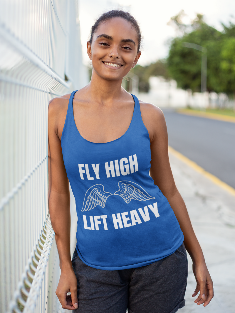 The Layover Racerback Tank Fly High Edition in Vintage Royal | Women's Travel Fitness Tank Top | Dumbbells & Hotels