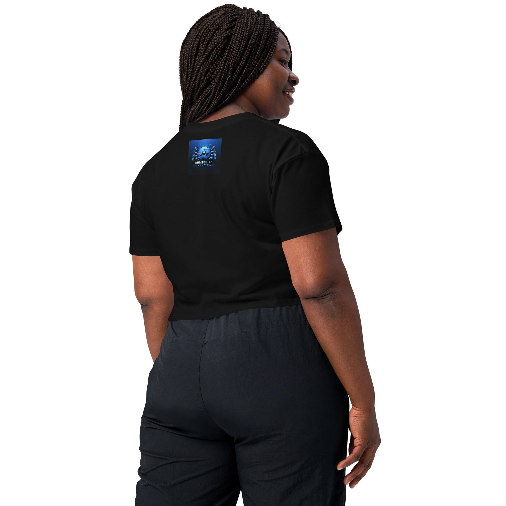 Wake Workout Wander women's crop tee - Dumbbells & Hotels travel fitness apparel