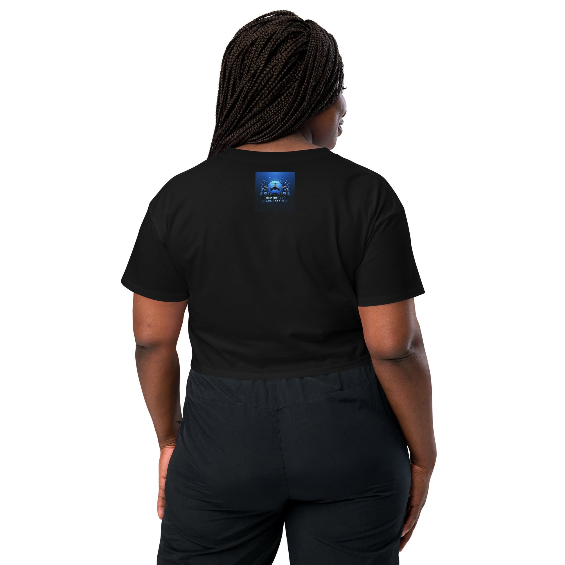 Wake Workout Wander women's crop tee - Dumbbells & Hotels travel fitness apparel