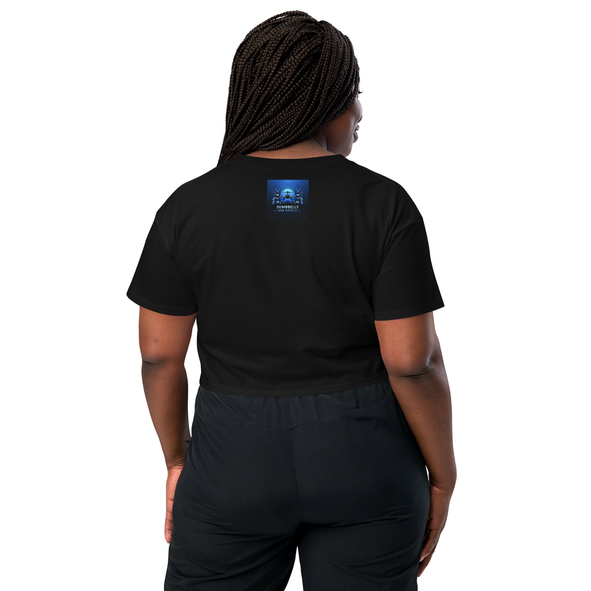 Wake Workout Wander women's crop tee - Dumbbells & Hotels travel fitness apparel