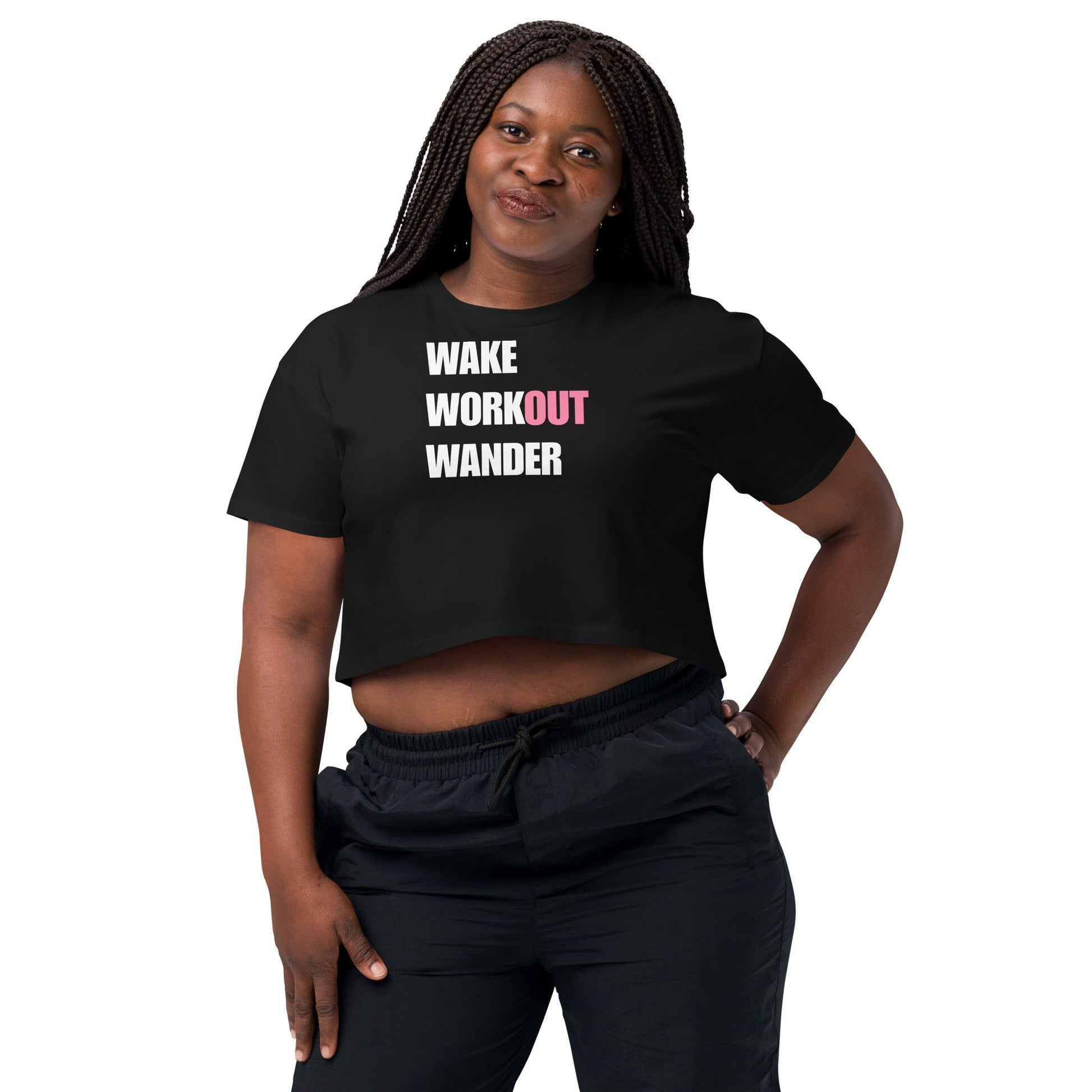 Wake Workout Wander women's crop tee - Dumbbells & Hotels travel fitness apparel