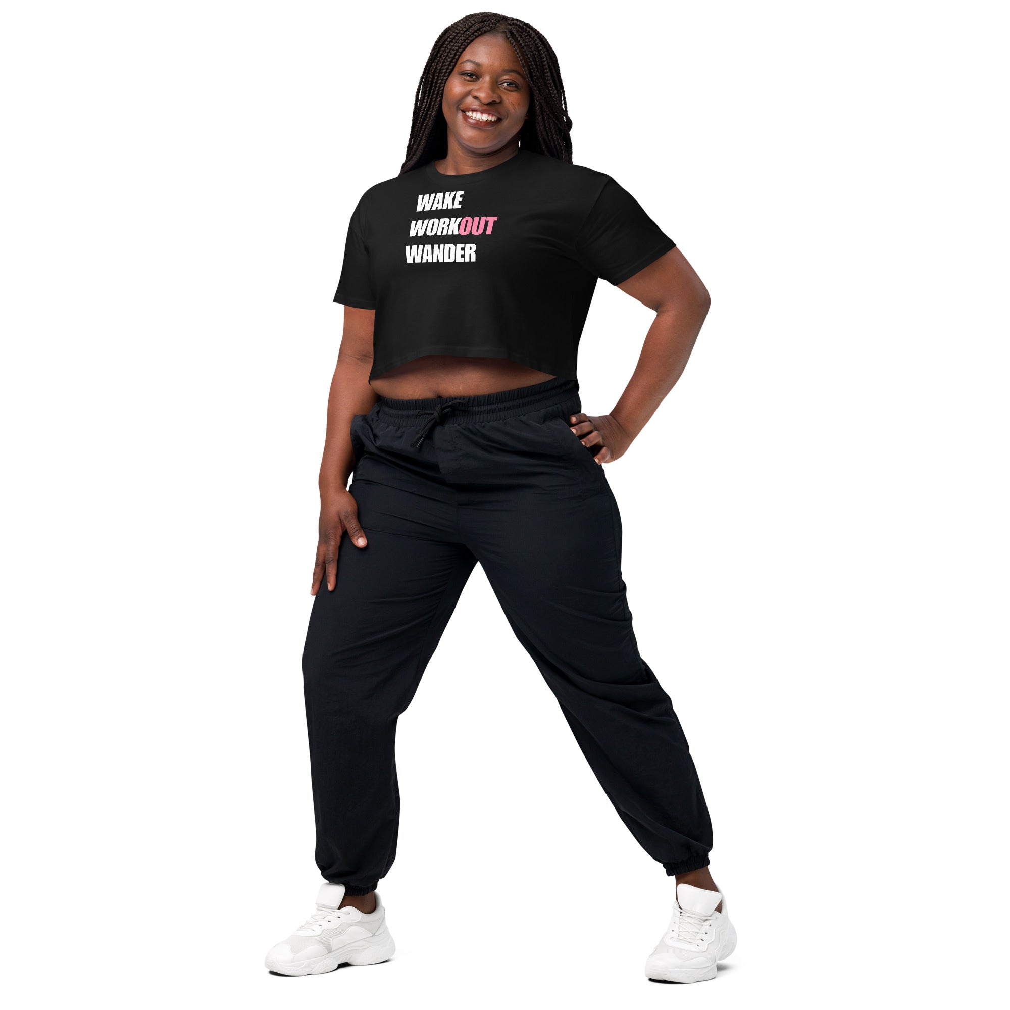 Wake Workout Wander women's crop tee - Dumbbells & Hotels travel fitness apparel