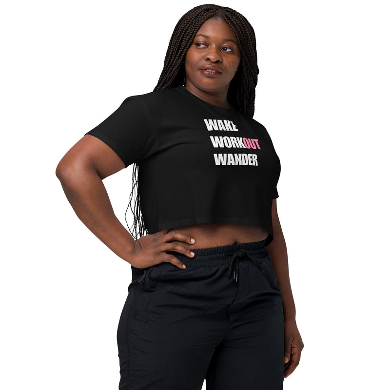 Wake Workout Wander women's crop tee - Dumbbells & Hotels travel fitness apparel