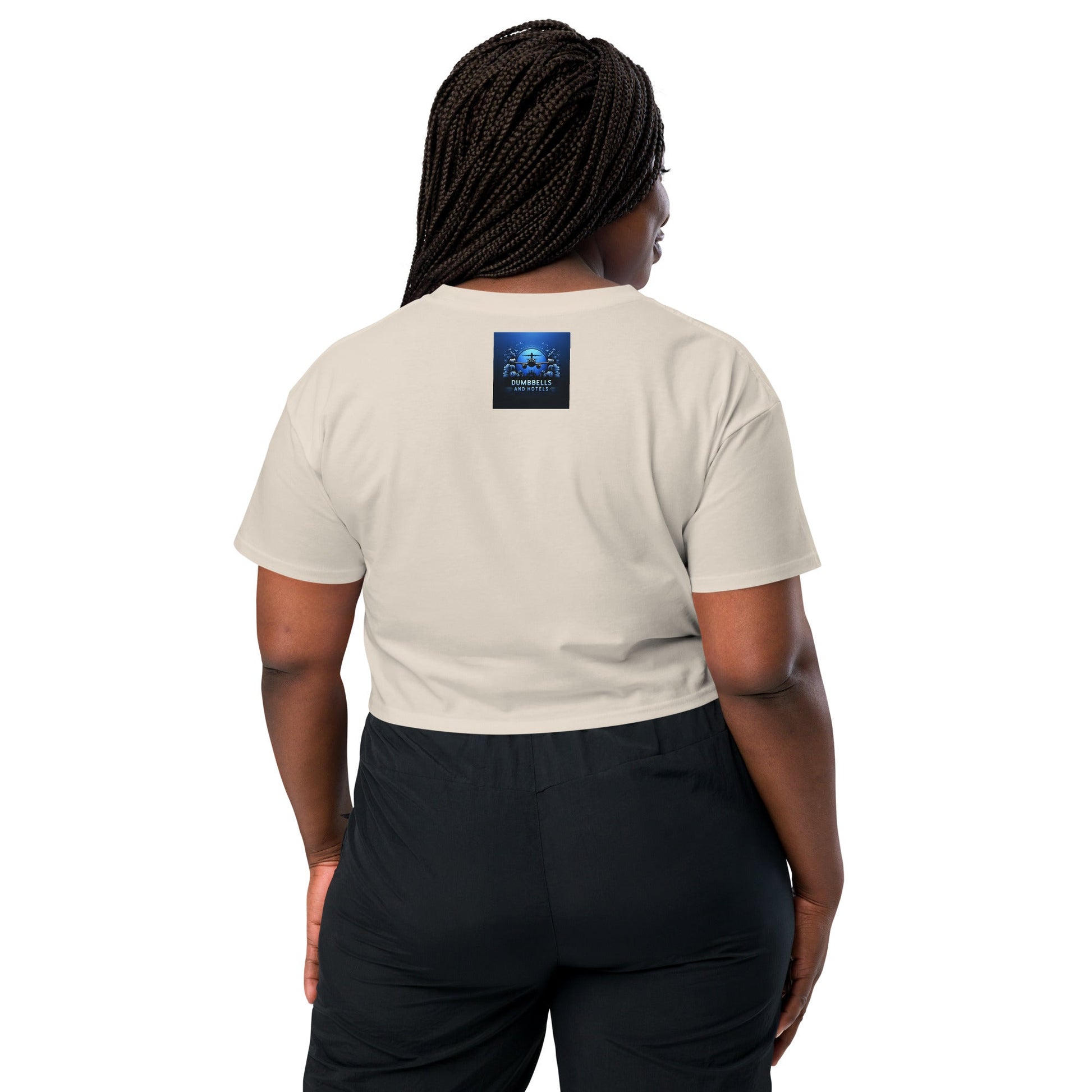Wake Workout Wander women's crop tee - Dumbbells & Hotels travel fitness apparel