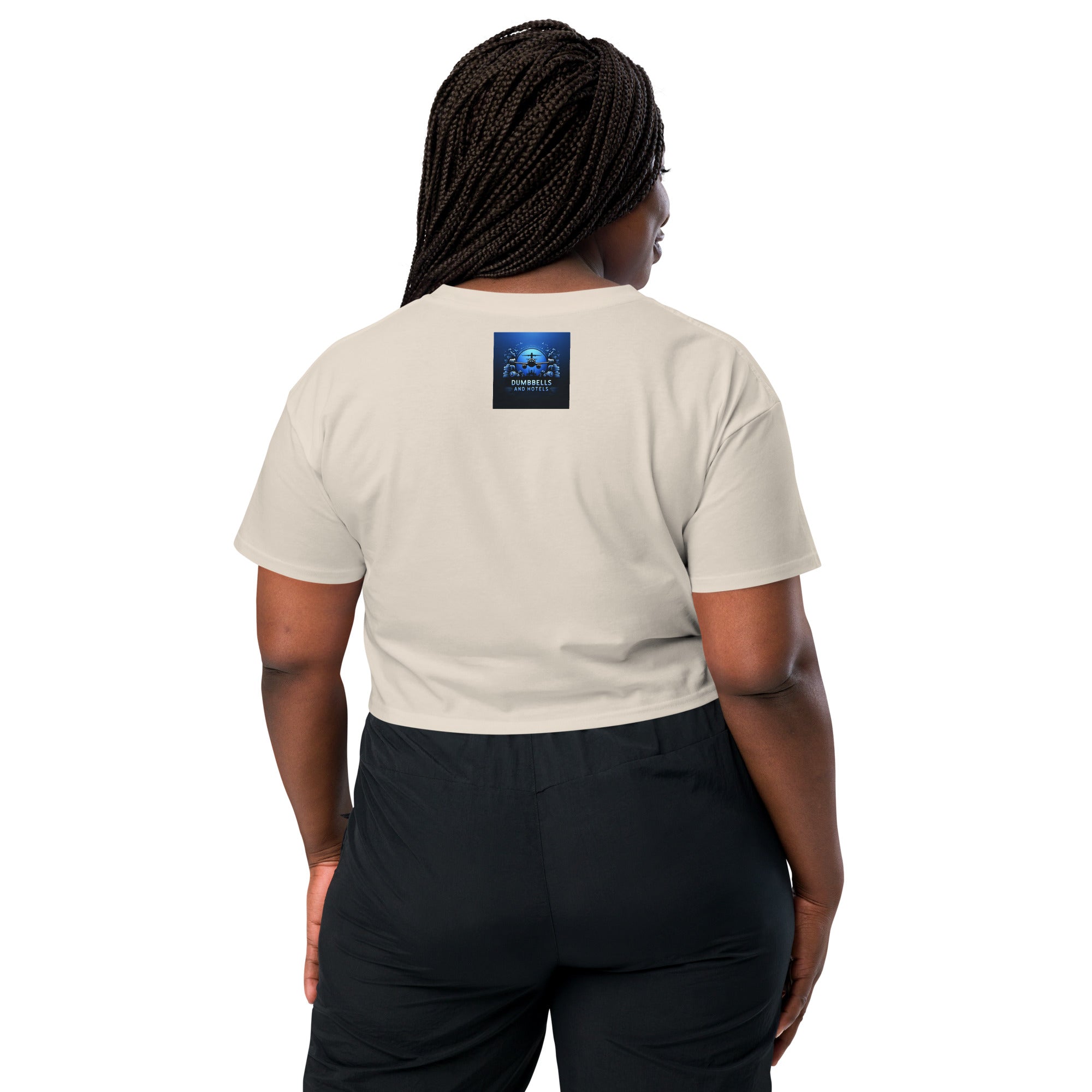 Wake Workout Wander women's crop tee - Dumbbells & Hotels travel fitness apparel