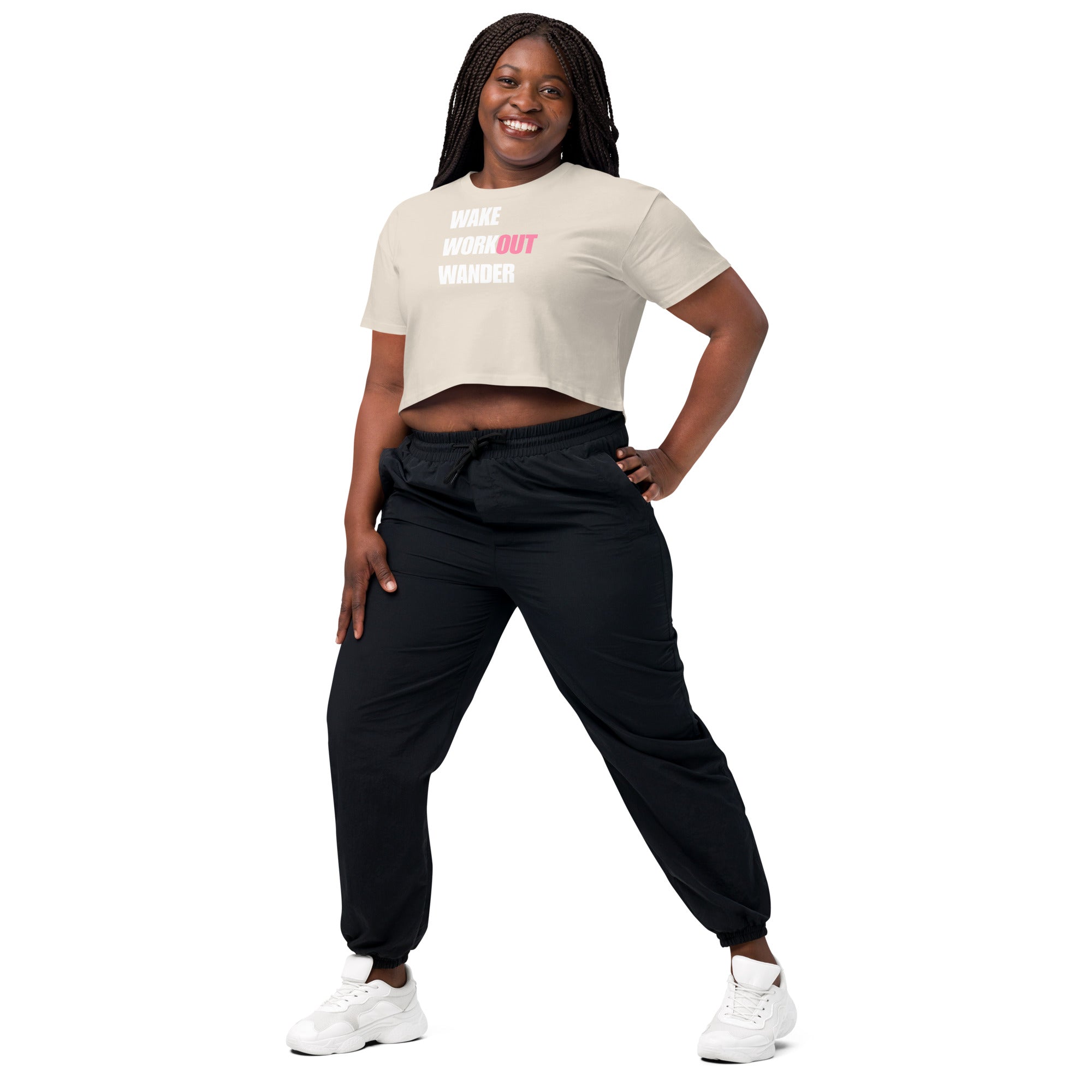 Wake Workout Wander women's crop tee - Dumbbells & Hotels travel fitness apparel