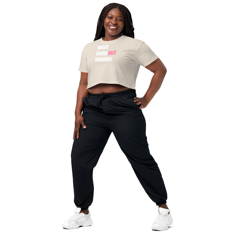 Wake Workout Wander women's crop tee - Dumbbells & Hotels travel fitness apparel