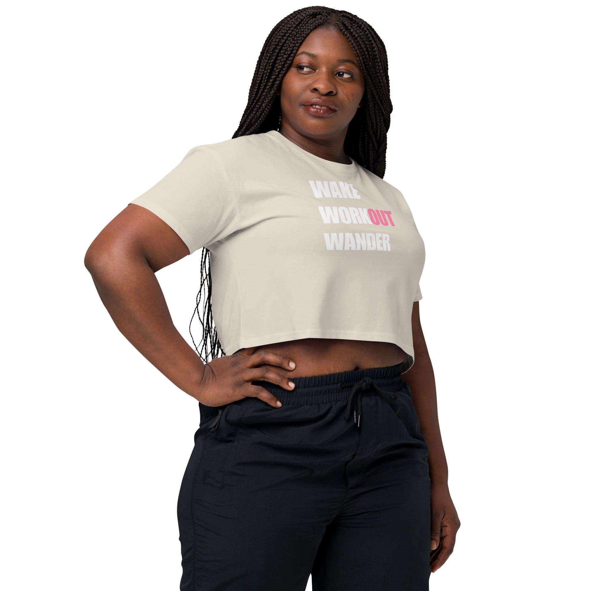 Wake Workout Wander women's crop tee - Dumbbells & Hotels travel fitness apparel