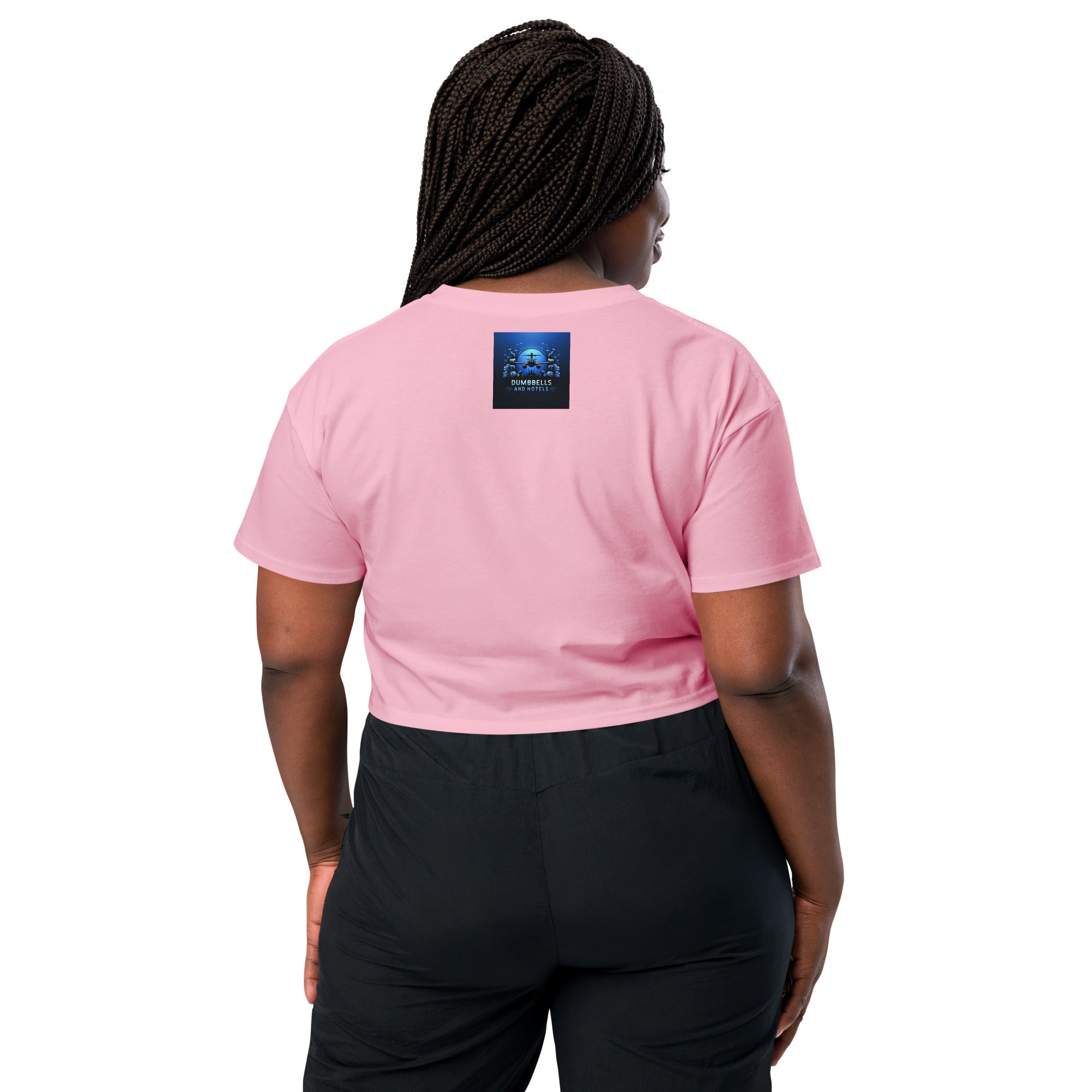 Wake Workout Wander women's crop tee - Dumbbells & Hotels travel fitness apparel