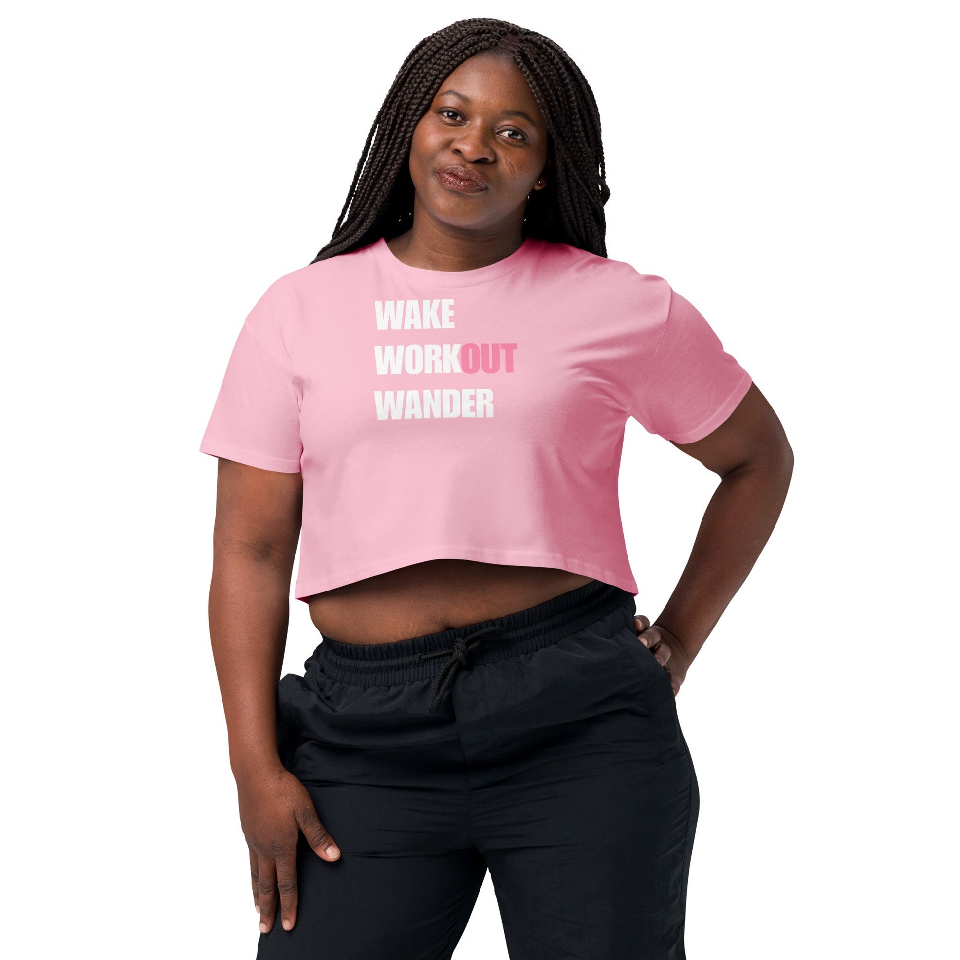 Wake Workout Wander women's crop tee - Dumbbells & Hotels travel fitness apparel