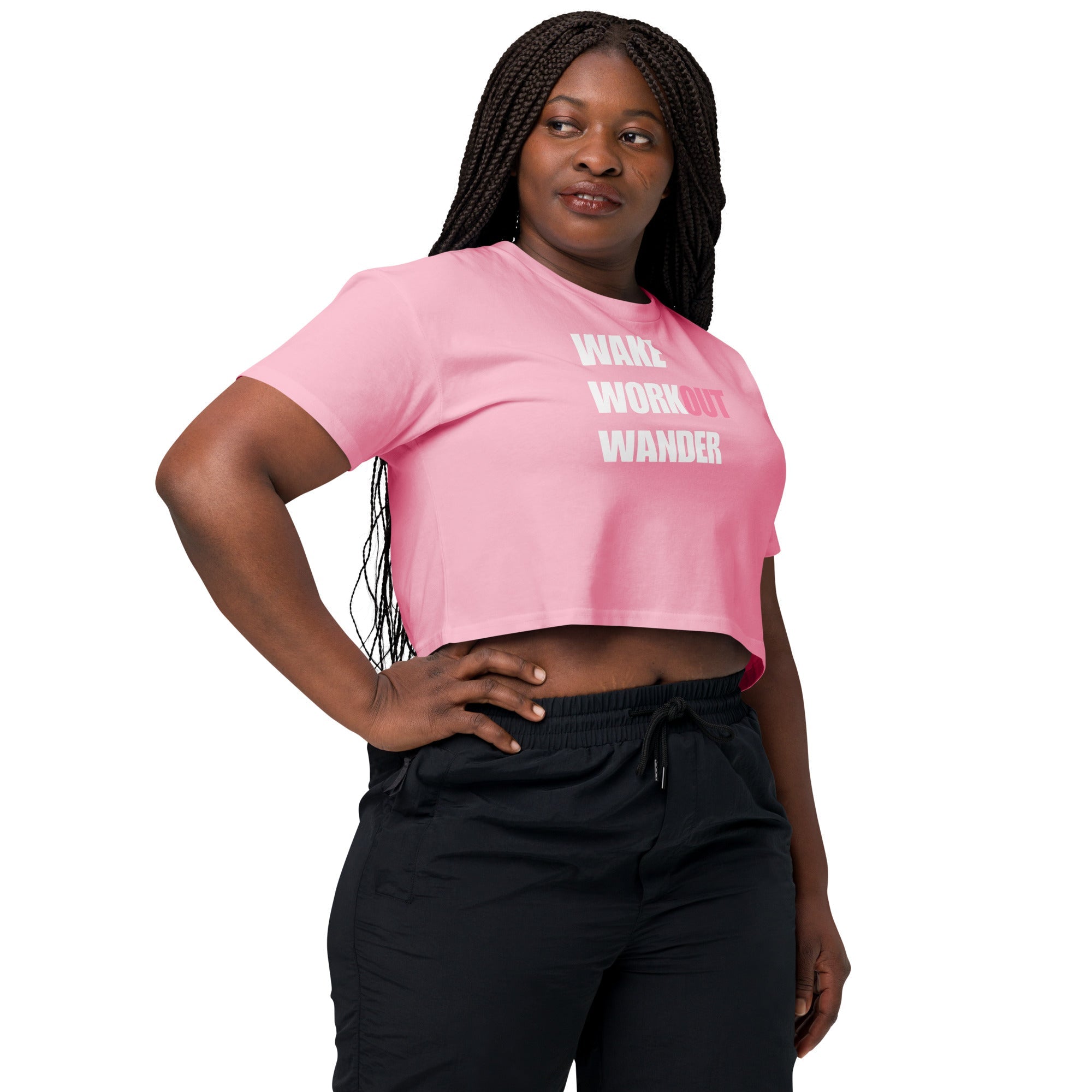 Wake Workout Wander women's crop tee - Dumbbells & Hotels travel fitness apparel