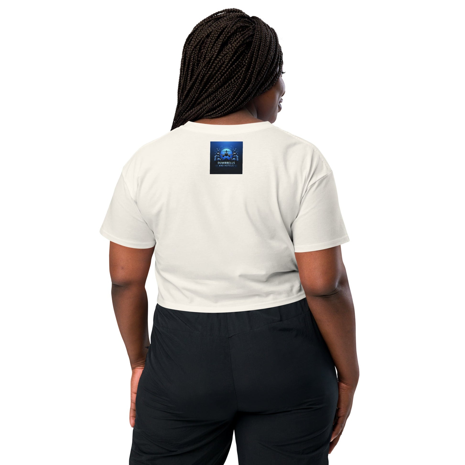 Wake Workout Wander women's crop tee - Dumbbells & Hotels travel fitness apparel