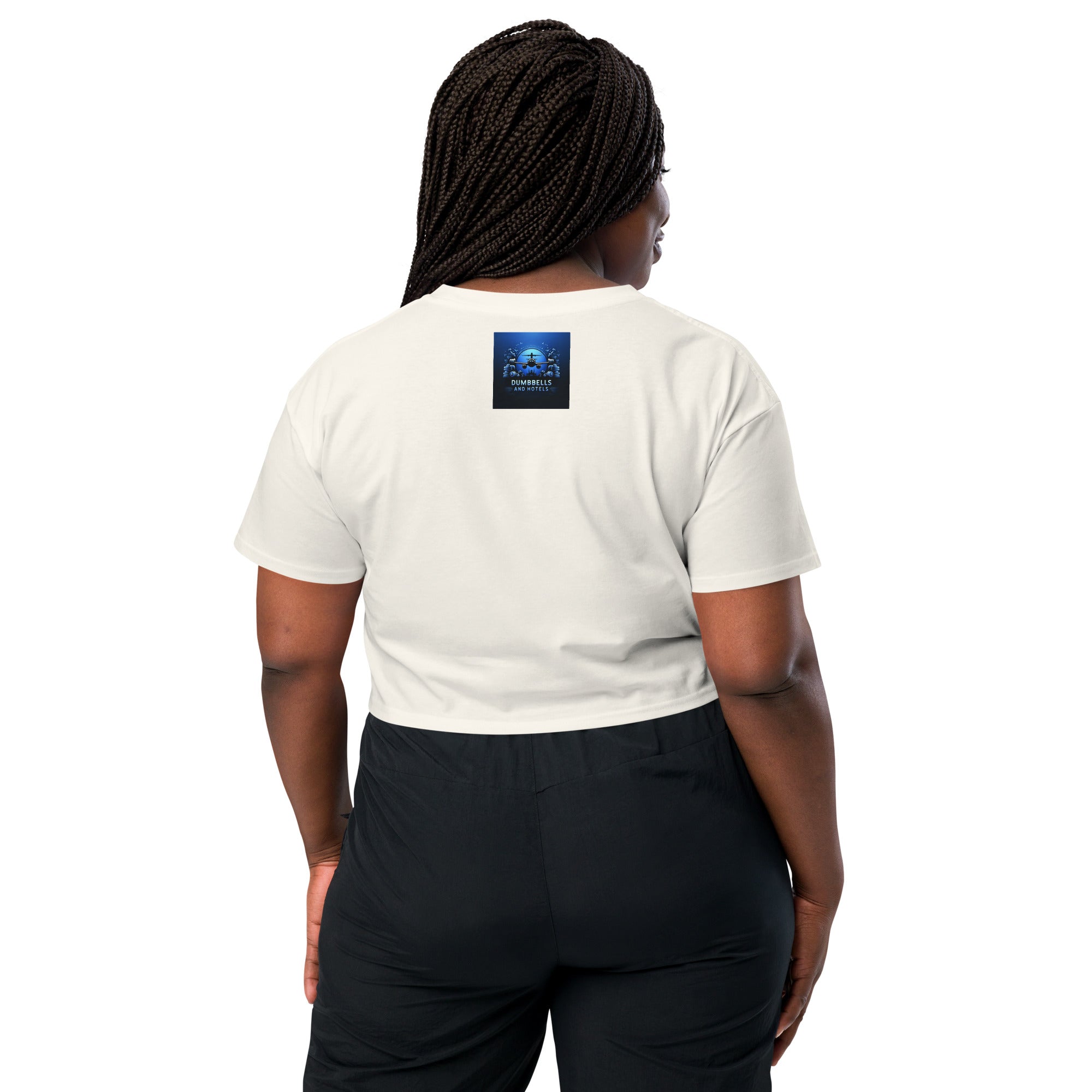 Wake Workout Wander women's crop tee - Dumbbells & Hotels travel fitness apparel