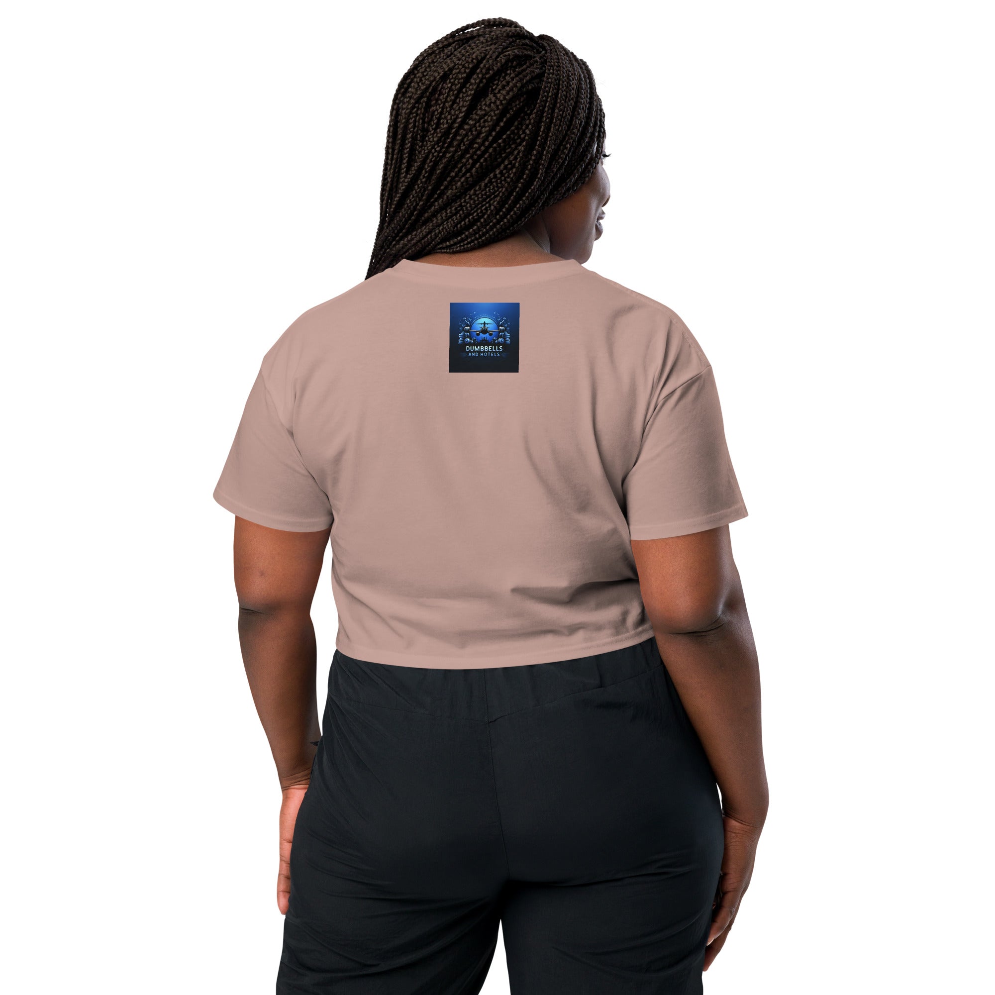 Wake Workout Wander women's crop tee - Dumbbells & Hotels travel fitness apparel