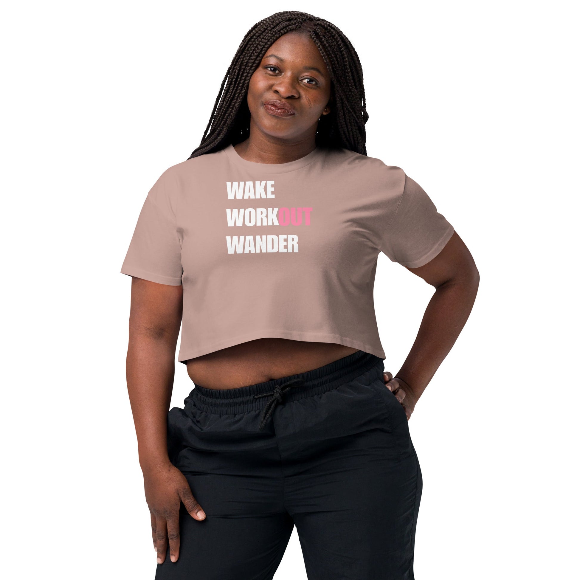 Wake Workout Wander women's crop tee - Dumbbells & Hotels travel fitness apparel