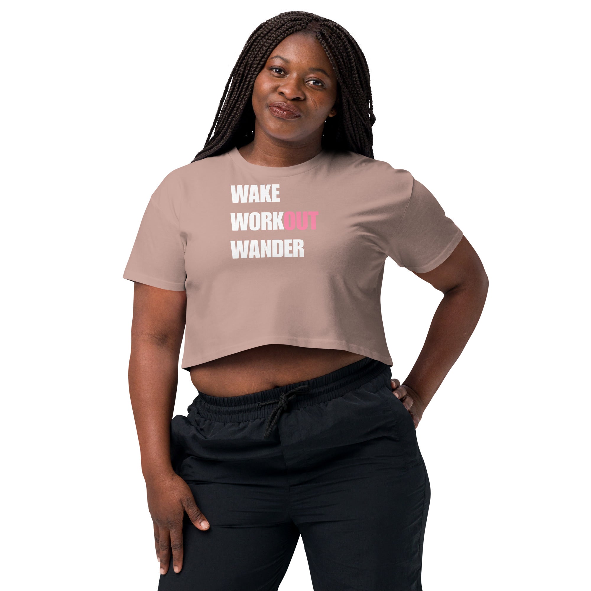 Wake Workout Wander women's crop tee - Dumbbells & Hotels travel fitness apparel
