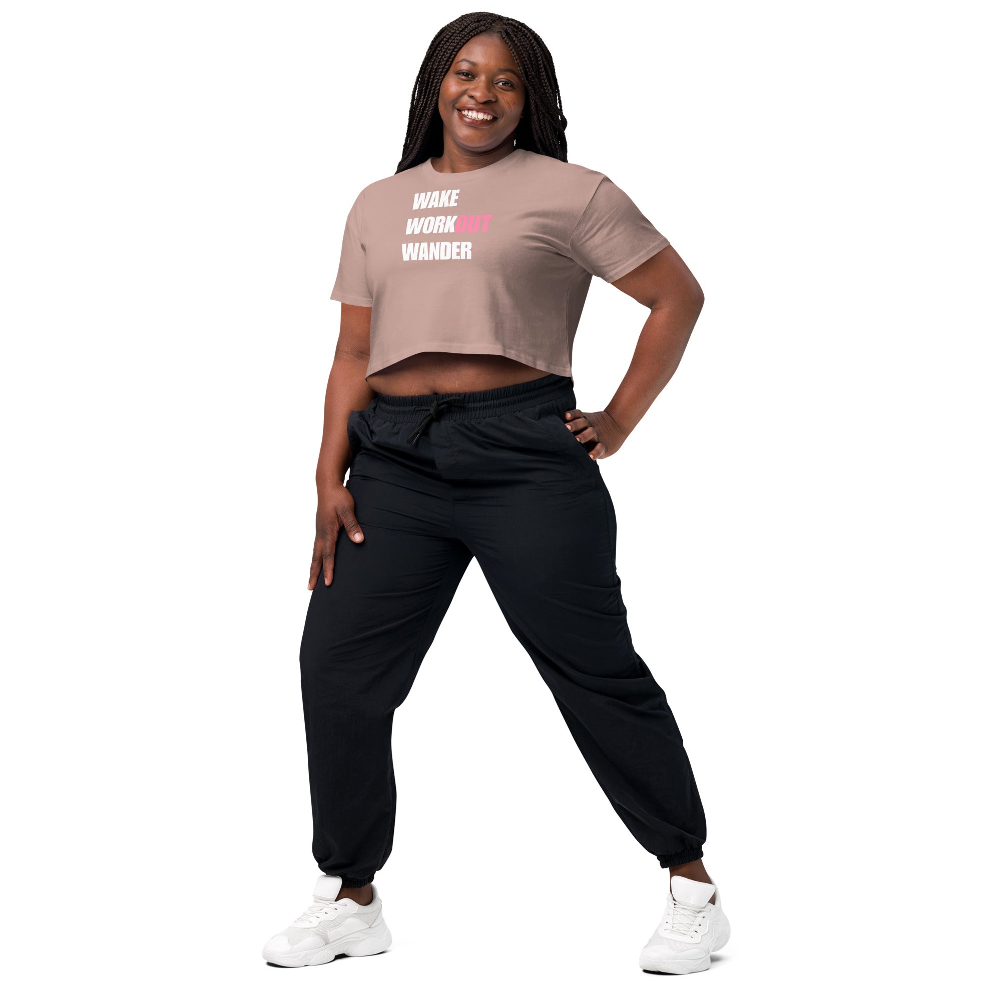Wake Workout Wander women's crop tee - Dumbbells & Hotels travel fitness apparel