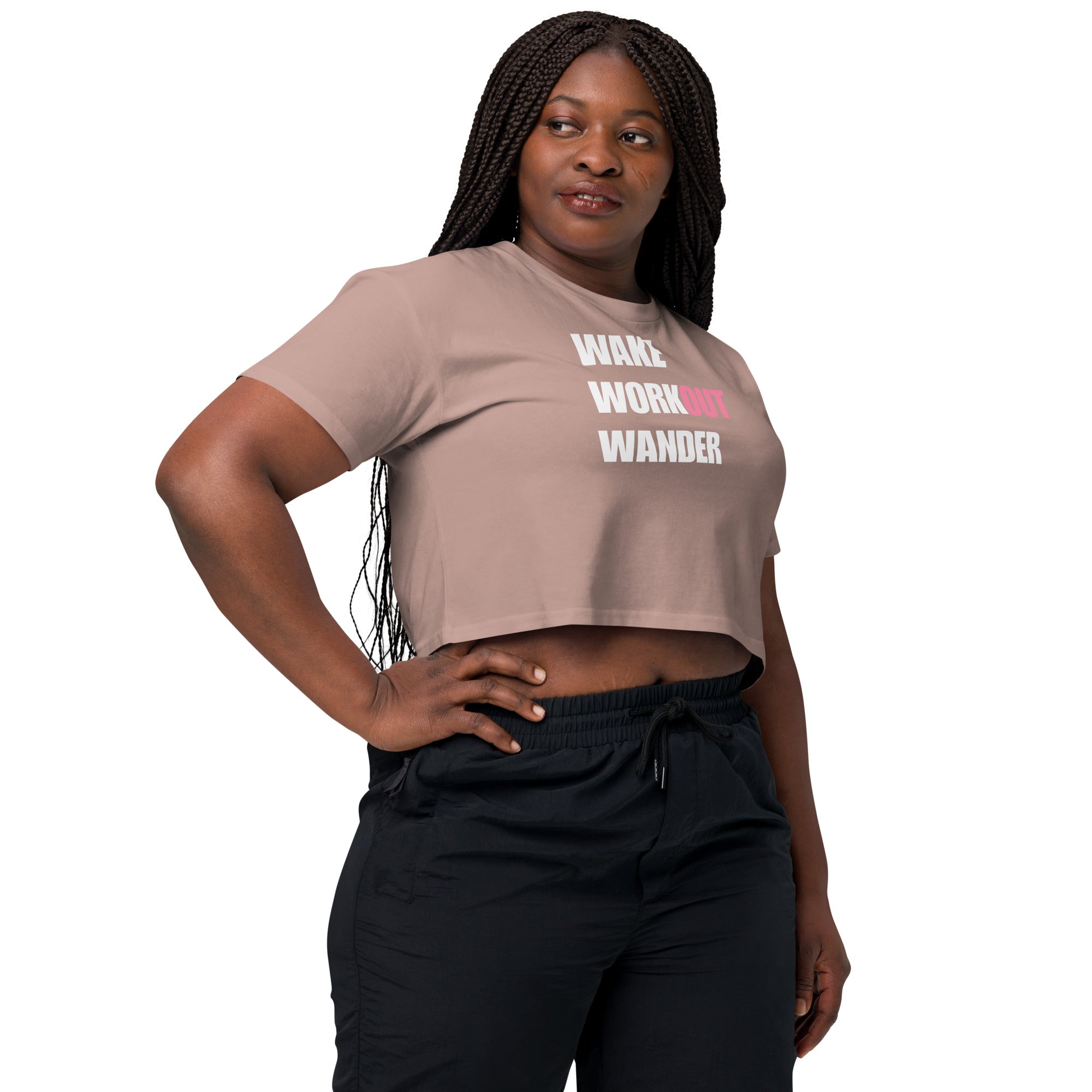 Wake Workout Wander women's crop tee - Dumbbells & Hotels travel fitness apparel