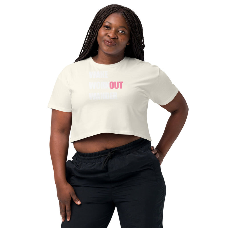 Wake Workout Wander women's crop tee - Dumbbells & Hotels travel fitness apparel