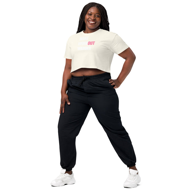 Wake Workout Wander women's crop tee - Dumbbells & Hotels travel fitness apparel