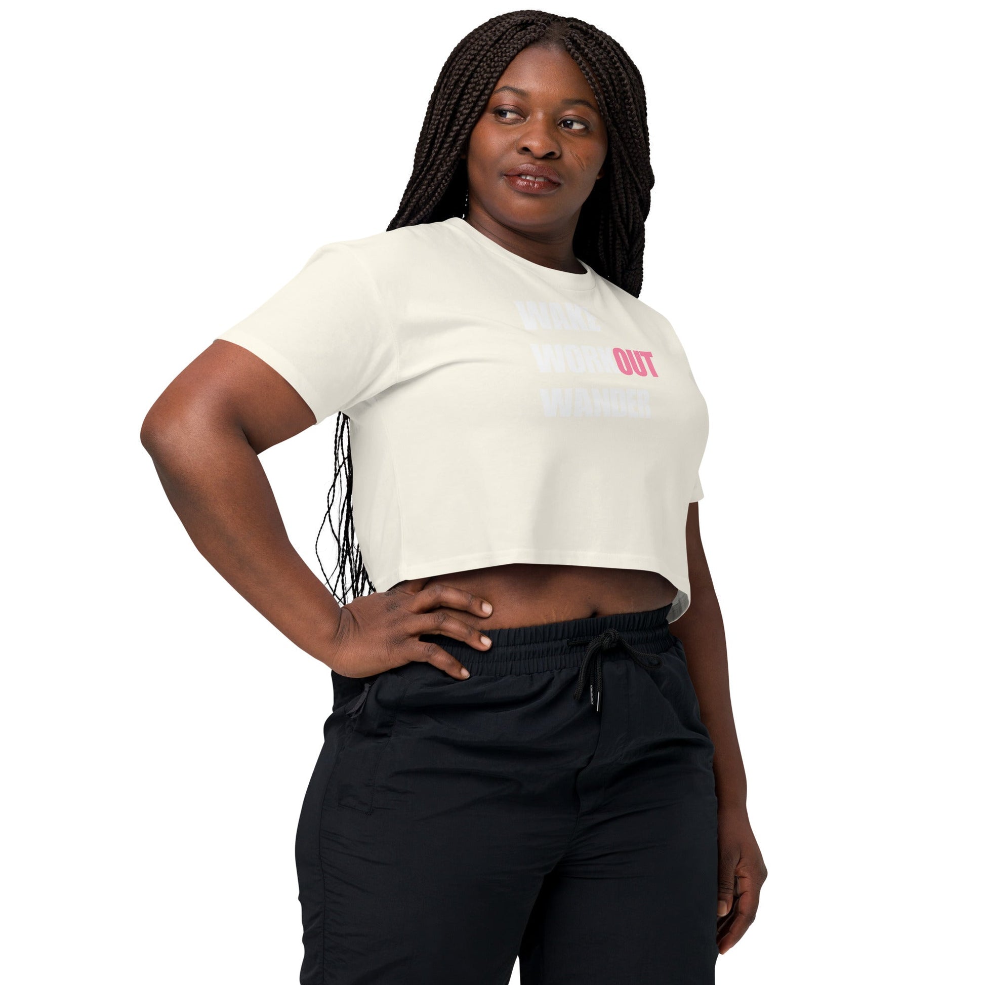Wake Workout Wander women's crop tee - Dumbbells & Hotels travel fitness apparel