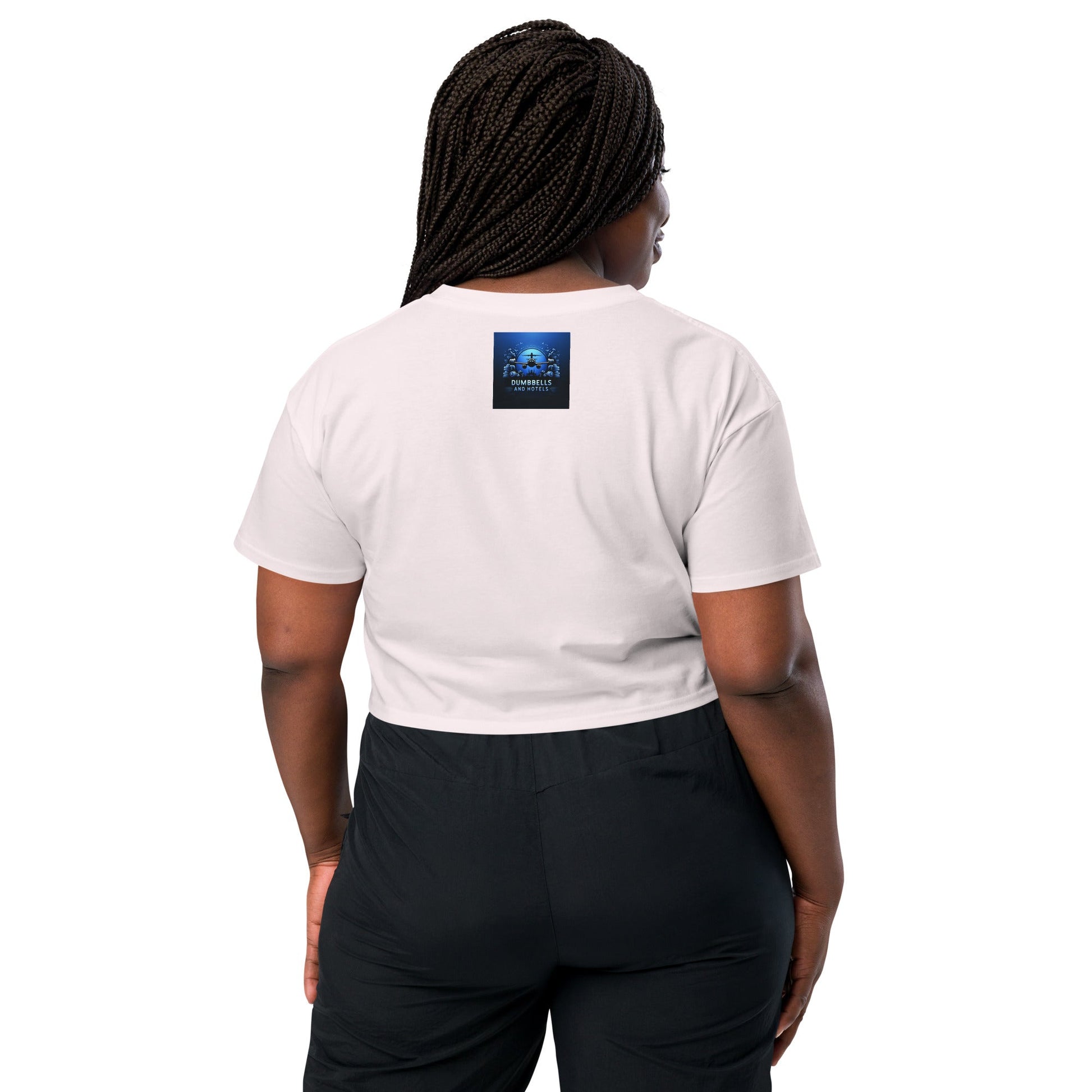 Wake Workout Wander women's crop tee - Dumbbells & Hotels travel fitness apparel