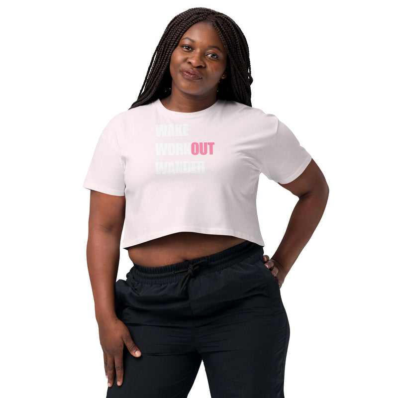 Wake Workout Wander women's crop tee - Dumbbells & Hotels travel fitness apparel