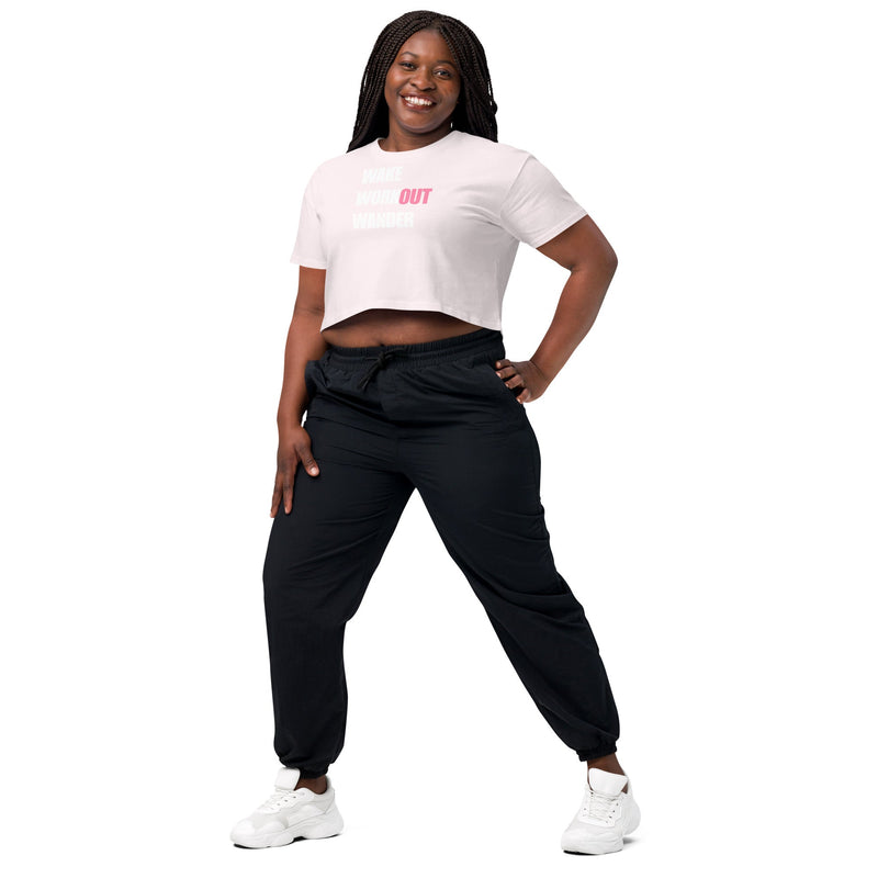 Wake Workout Wander women's crop tee - Dumbbells & Hotels travel fitness apparel