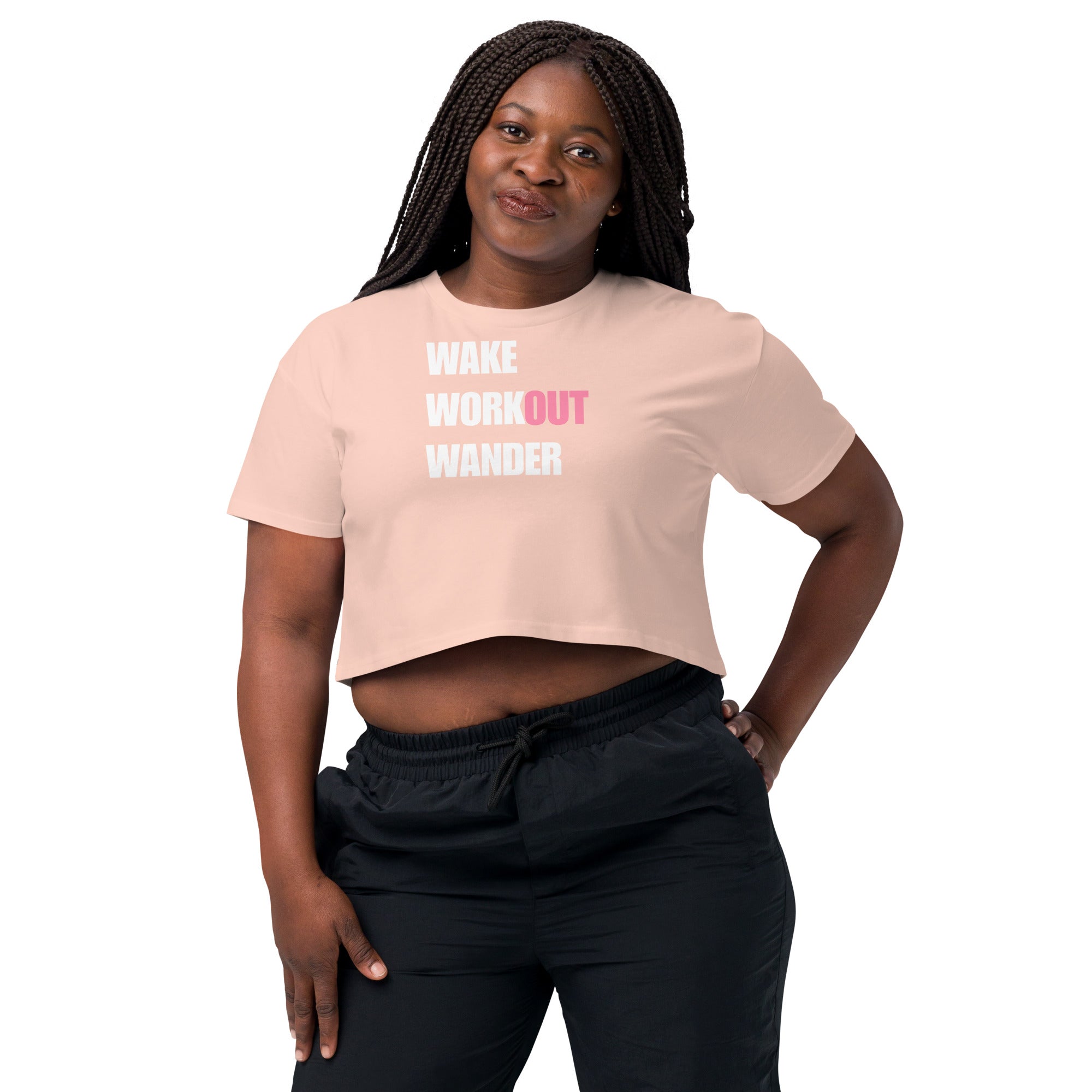 Wake Workout Wander women's crop tee - Dumbbells & Hotels travel fitness apparel