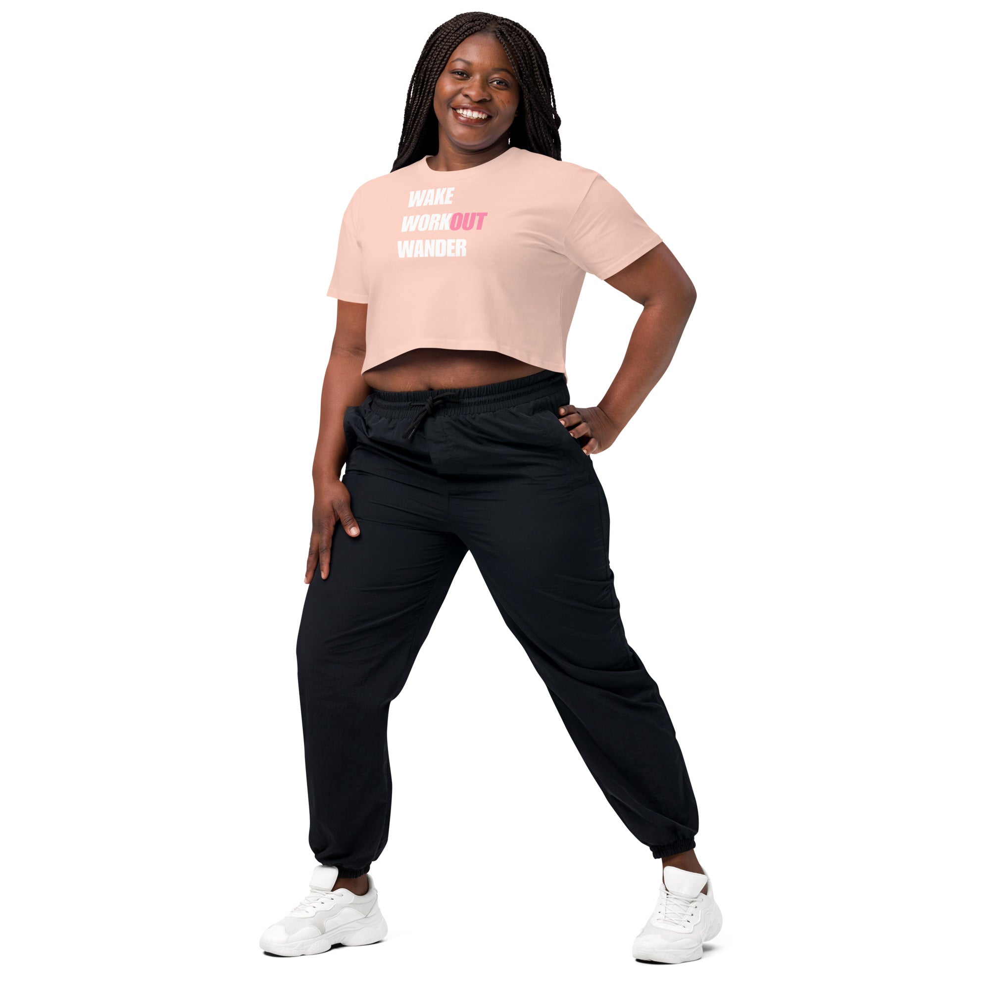 Wake Workout Wander women's crop tee - Dumbbells & Hotels travel fitness apparel