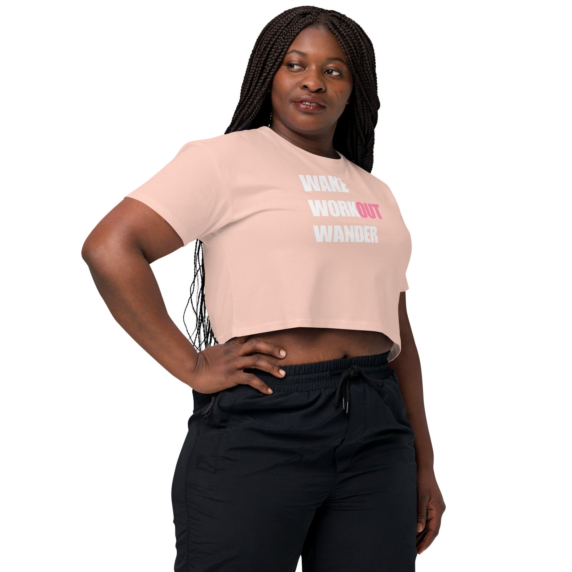 Wake Workout Wander women's crop tee - Dumbbells & Hotels travel fitness apparel