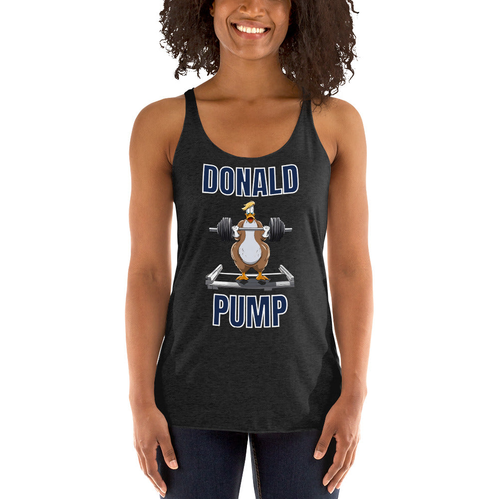 "Donald Pump" Women's Racerback Tank Blue Text Lifting Duck by Dumbbells and Hotels